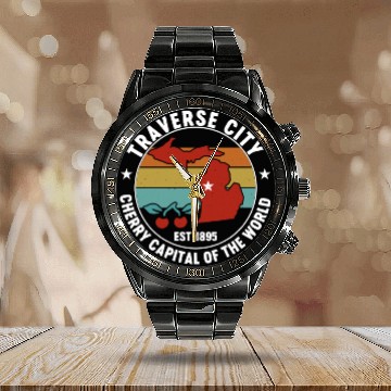 Discover Traverse City Michigan Retro Cherry Capital Calendar Steel Band Watch