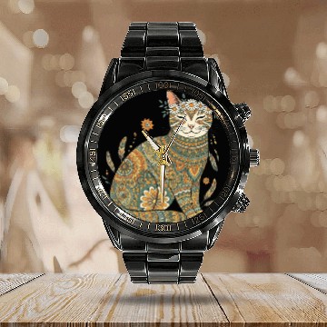 Discover Boho Cat – Smiling Floral Mandala Design Calendar Steel Band Watch