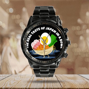 Discover Cute Ramen Bowl with Smiling Egg Calendar Steel Band Watch