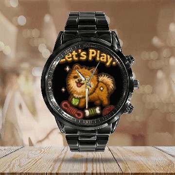 Discover Playful Shiba Inu with Tennis Ball Calendar Steel Band Watch
