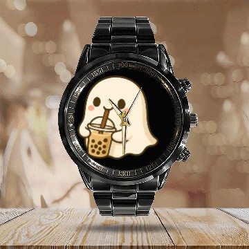 Discover Cute Ghost with Bubble Tea Design Calendar Steel Band Watch