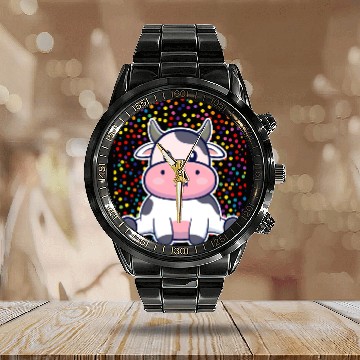 Discover Cute Cartoon Cow with Polka Dots Calendar Steel Band Watch