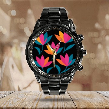 Discover Colorful Abstract Tulips Graphic Calendar Steel Band Watch