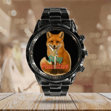 Discover Stay Pawsitive Fox Calendar Steel Band Watch – Motivational Animal L