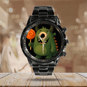 Discover Whimsical Monster with Lollipop Calendar Steel Band Watch