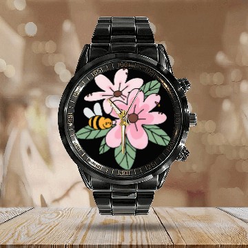 Discover Charming Blossom and Bee Illustration Calendar Steel Band Watch