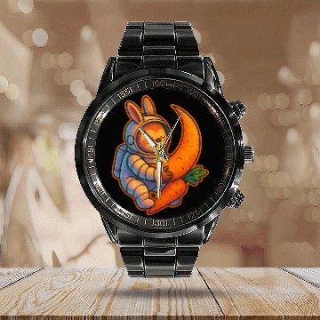Discover Adorable Moon Bunny with Carrot Calendar Steel Band Watch