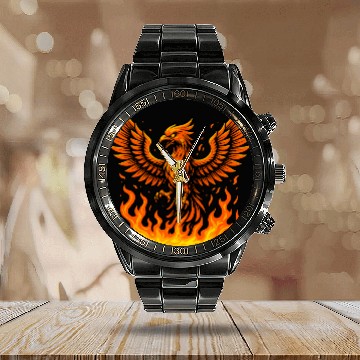 Discover Fiery Phoenix Rising Illustration Calendar Steel Band Watch