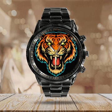 Discover Vibrant Roaring Tiger Illustration Calendar Steel Band Watch