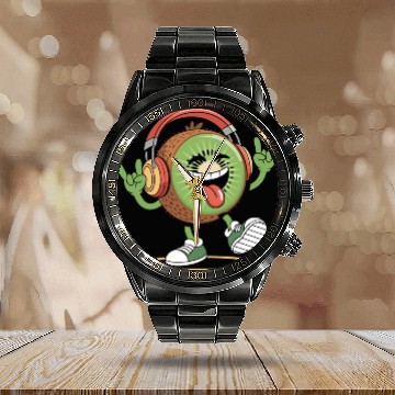 Discover Playful Kiwi Cartoon with Headphones Calendar Steel Band Watch