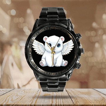 Discover Cute polar bear angel with wings smiling cartoon Calendar Steel Band Watch