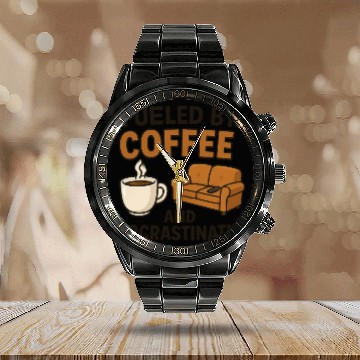 Discover Coffee Fueled Procrastination Illustration Calendar Steel Band Watch