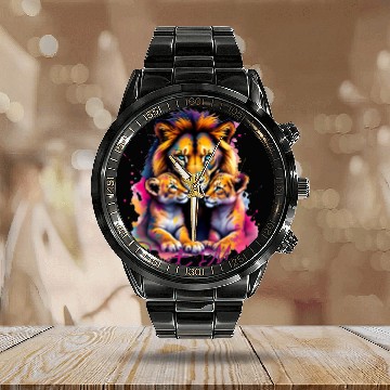 Discover Colorful Lion Cubs and Mother Design Calendar Steel Band Watch