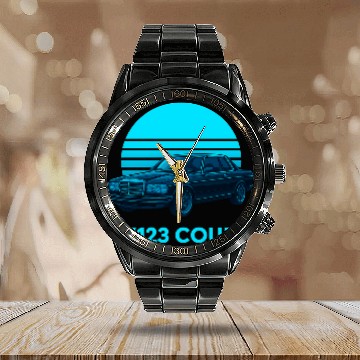 Discover Black W123 Coupe – Neon Retro 80s Style Automotive Calendar Steel Band Watch