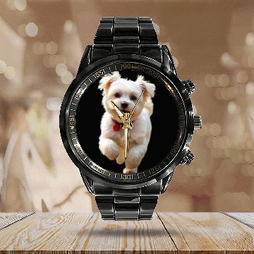 Discover Joyful Puppy Run Illustration Calendar Steel Band Watch