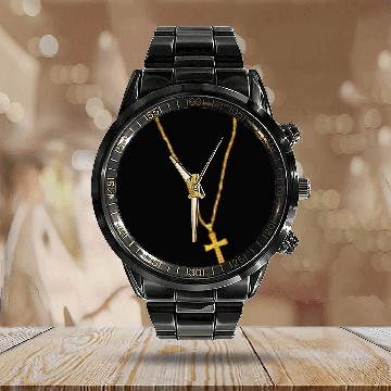 Discover Long Gold Chain and Cross Calendar Steel Band Watch