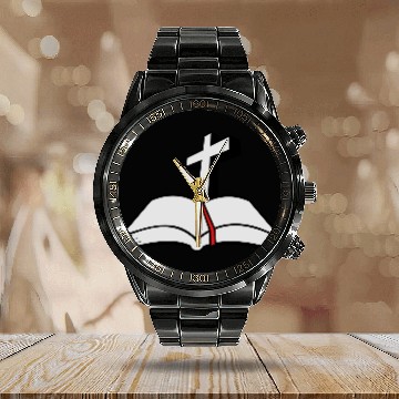 Discover cross open bible 3c Calendar Steel Band Watch