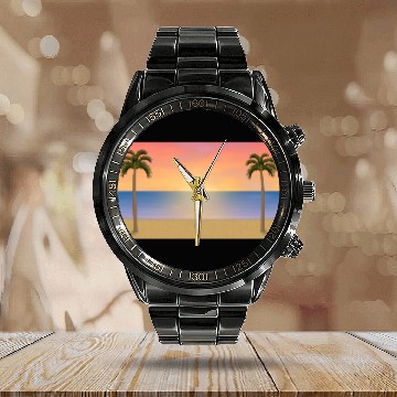 Discover Sunrise / Sunset Beach Scene Calendar Steel Band Watch