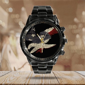 Discover Old Glory American Flag Eagle Clothing Apparel USA Calendar Steel Band Watch