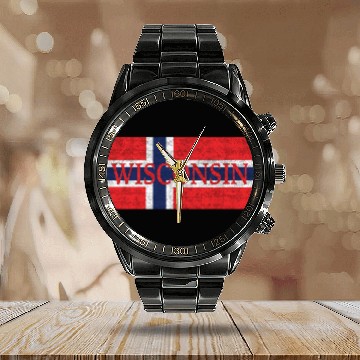 Discover Wisconsin Norwegian Flag Calendar Steel Band Watch