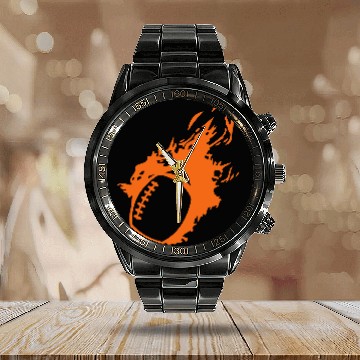 Discover american football ball flame fireball 1 Calendar Steel Band Watch