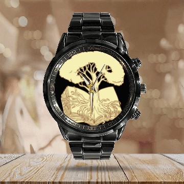 Discover Oak Tree Rooted on Book Drawing Calendar Steel Band Watch
