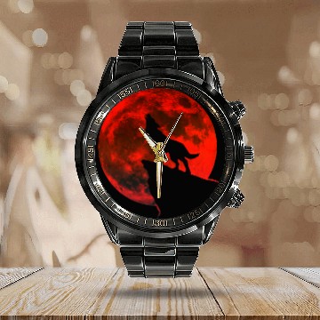 Discover Howling wolf full blood moon space galaxy gift dog Calendar Steel Band Watch