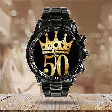 Discover 50th Birthday & Anniversary Crown (Golden-Yellow) Calendar Steel Band Watch