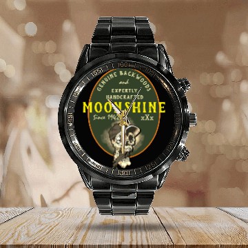 Discover Moonshine Funny Genuine Backwoods Skull Dude Calendar Steel Band Watch
