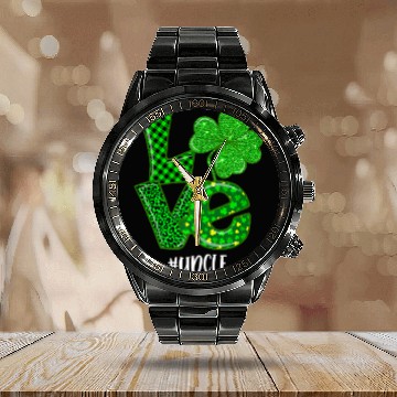 Discover Love Uncle St Patrick's Day Green Plaid Leopard Sh Calendar Steel Band Watch