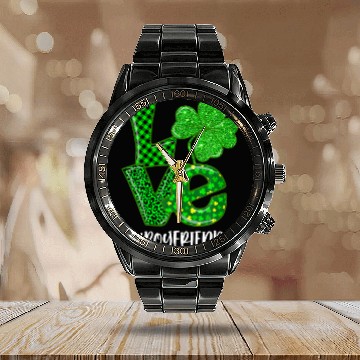 Discover Love Boyfriend St Patrick's Day Green Plaid Leopar Calendar Steel Band Watch