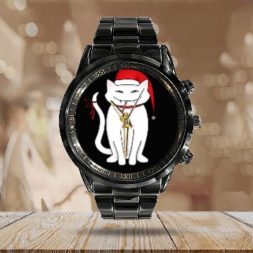Discover Funny white Christmas cat Calendar Steel Band Watch