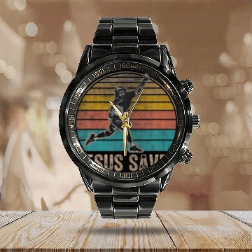 Discover Funny Baseball Catcher Jesus Saves Calendar Steel Band Watch