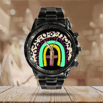 Discover He Is Risen Leopard Rainbow Christian Jesus Easter Calendar Steel Band Watch