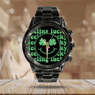 Discover Feeling Lucky Smiling Face Lucky Shamrock St.Patri Calendar Steel Band Watch