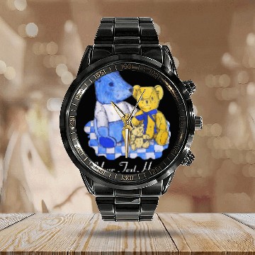 Discover blue check picnic cloth with teddy bears Calendar Steel Band Watch