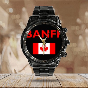 Discover Banff Canada Canadian Flag Dark Color Polo Calendar Steel Band Watch