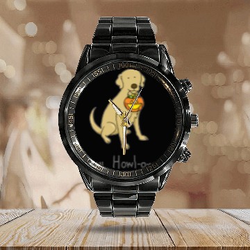 Discover Happy Howl-o-ween - Halloween Dog - Yellow Lab Calendar Steel Band Watch