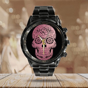 Discover floral skull rose gold Calendar Steel Band Watch