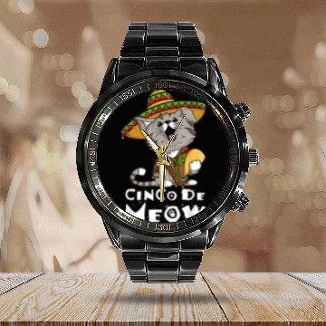 Discover Cinco De Meows With Smiling Cat Taco And Sombrero Calendar Steel Band Watch