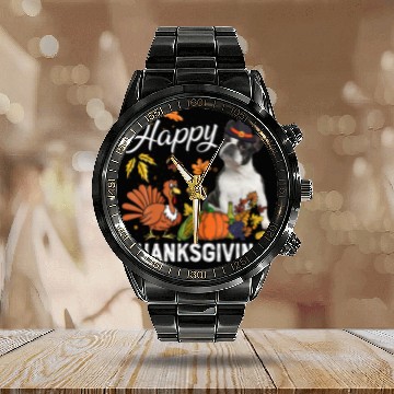 Discover Happy Thanksgiving Cute Boston Terrier Turkey Pump Calendar Steel Band Watch