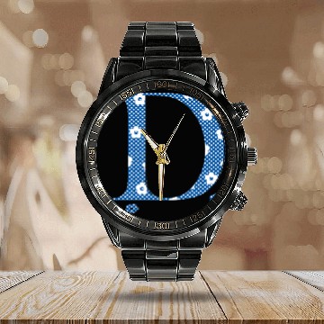 Discover Flower Patterned Letter D (blue & dots) Calendar Steel Band Watch