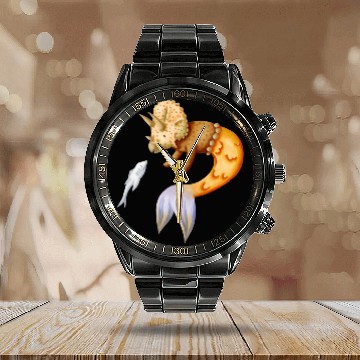 Discover Whimsical triceratops mermaid talking to fish Calendar Steel Band Watch