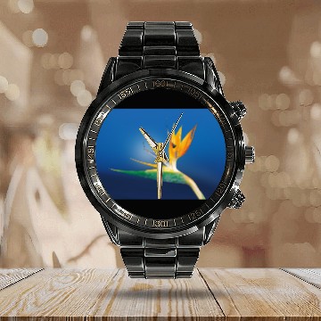 Discover Strelitzia. Bird of paradise flower. Calendar Steel Band Watch