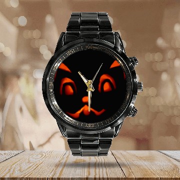 Discover Halloween Cat Face Calendar Steel Band Watch