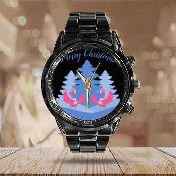 Discover Flamingos Merry Christmas Winter Wonderland Calendar Steel Band Watch
