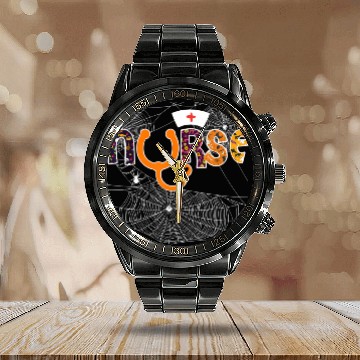 Discover Nurse Halloween With Pumpkin Boo Spider Wicth Calendar Steel Band Watch