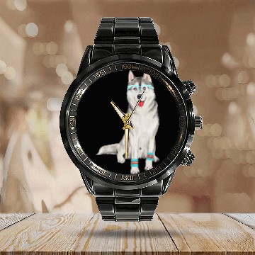 Discover Hand-painted Siberian Husky Dog Calendar Steel Band Watch