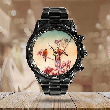 Discover Bullfinch eat red rowan berries Calendar Steel Band Watch