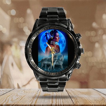 Discover girl and wolves Calendar Steel Band Watch